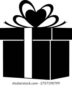This image features a stylish black gift box with a clean, minimalist design. The box is tied with a decorative bow that is shaped like a heart, adding a touch of romance and celebration. The simple lines and solid black color give it a sophisticated and versatile appearance, suitable for various occasions like birthdays, anniversaries, or holidays.