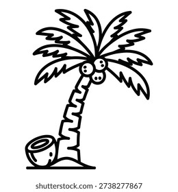 This image features a stylized black line drawing of a palm tree with a cluster of coconuts at the top and one coconut resting on the ground beside it evoking a tropical and vacation atmosphere