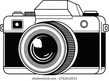 This image features a stylized, black-and-white line drawing of an analog camera. The camera has a retro design with a large, circular lens at the front, a film advance lever on the top left, and various dials and buttons. The top of the camera displays a viewfinder and a flash symbol, while the right side has a shutter speed dial and other controls. The overall aesthetic is reminiscent of mid-20th-century photography equipment.