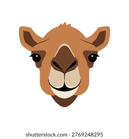 This image features a stylized, cartoon camel with large, round eyes and a broad smile. The camel has a light tan body with darker brown features, including its ears, nose, and mouth. Its eyes are black with a hint of purple, giving it a lively and friendly appearance. The camel's nostrils are flared, and it has a pair of small, curved horns on top of its head.