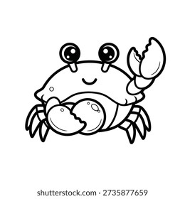 This image features a stylized, cartoonish crab drawn with clean, simple lines. The crab has a rounded body, two large eyes with small pupils, and a cheerful, smiling face. Its claws are prominently displayed, one of which is slightly raised, giving it a friendly and approachable appearance. The drawing is monochromatic, likely intended for use in various media such as illustrations, icons, or educational materials.