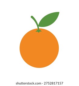 This image features a stylized, cartoonish depiction of an orange fruit with a bright orange color. The fruit is topped with a green leaf and stem, giving it a fresh and simple appearance. The illustration is minimalistic and uses basic shapes to represent the fruit and its leafy top.