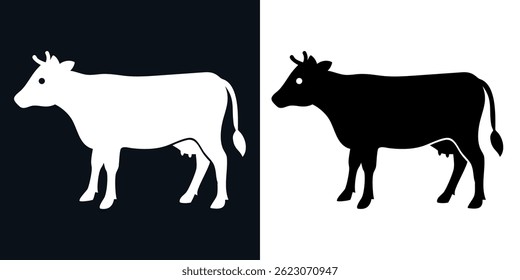 This image features a stylized cow silhouette icon presented in a mirrored black-and-white format. On the left side, a white cow stands on a black background, while the right side shows the opposite.