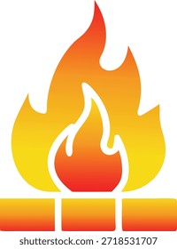 Esta imagem apresenta uma representação estilizada de fogo, caracterizada por chamas de gradiente vibrante que transitam de um vermelho profundo na base para amarelo brilhante nas pontas. O fogo é contornado em branco, dando-lhe uma aparência limpa e gráfica. Abaixo das chamas, três blocos retangulares dispostos horizontalmente sugerem uma lareira ou uma base para o fogo. O design geral é simples, moderno e transmite uma sensação de calor e energia.