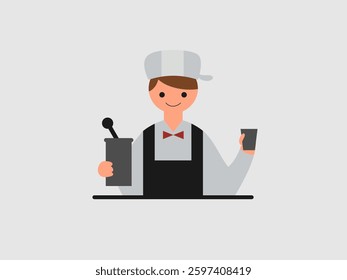 This image features a stylized flat illustration of a bartender against a light gray background