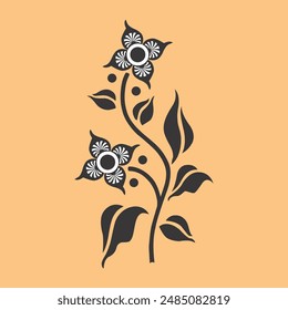 This image features a stylized floral design with two prominent flowers on a single stem, adorned with leaves and small dots. The flowers have intricate, symmetrical petal patterns, and the overall de