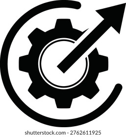 This image features a stylized gear with an upward-pointing arrow integrated into its design, symbolizing concepts like progress, advancement, and continuous improvement. The gear is circular with an inner and outer ring, and the arrow is bold and black, emphasizing forward motion and development. Such imagery is often used in contexts related to technology, business, engineering, and innovation to represent growth and efficiency.