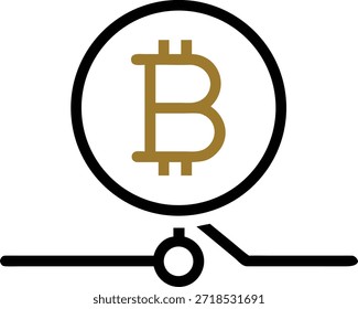 Esta imagem apresenta um logotipo bitcoin 'B' dourado estilizado dentro de um círculo preto. Abaixo do círculo, uma linha preta se estende horizontalmente, conectando-se a um pequeno círculo e, em seguida, continua para a direita com um ângulo agudo para baixo. Este visual sugere uma conexão ou transição relacionada ao Bitcoin.