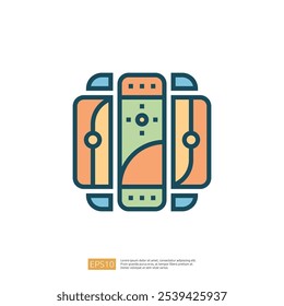This image features a stylized graphic of a device, possibly a remote control or gadget, with a modern design and vibrant colors.