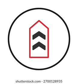 This image features a stylized graphic with geometric shapes. A red outline surrounds two black chevrons pointing upwards. The shapes suggest direction and progress, potentially suitable for emblems