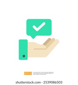 Esta imagem apresenta uma mão estilizada segurando uma bolha de fala com uma marca de seleção, simbolizando a aprovação ou confirmação em um design simples e moderno.