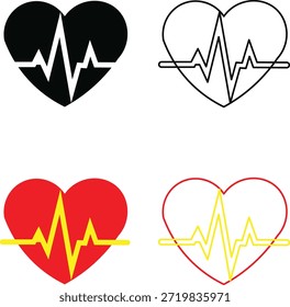 Esta Imagen presenta íconos estilizados del corazón con formas de onda de electrocardiograma. Las Variantes incluyen negro sólido, contorno blanco, rojo sólido con línea amarilla y contorno rojo con línea amarilla. profesional de alta calidad detallado moderno