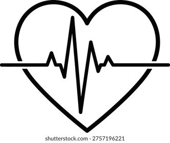 This image features a stylized heart shape intersected by a horizontal line depicting an electrocardiogram (ECG) waveform. The ECG line illustrates the electrical activity of the heart, typically used in medical contexts to monitor heart function and detect abnormalities. The design combines symbolic representations of love or care with medical monitoring, emphasizing the importance of heart health and diagnostics in healthcare.