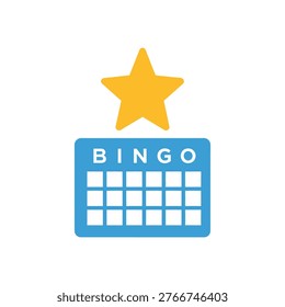 This image features a stylized illustration of a bingo card with a star on top, set against a clean white background. The bingo card is depicted in blue with white squares, while the star above it shines bright yellow. The overall design is modern, simple, and eye-catching, making it perfect for use in various contexts such as gaming, entertainment, or educational materials.
