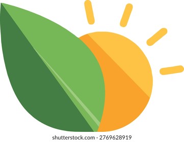 This image features a stylized illustration of a green leaf and a yellow sun on a clean white background. The leaf is depicted in a vibrant green hue, while the sun shines bright with yellow rays. The overall design exudes a sense of peace, serenity, and beauty, making it perfect for use in eco-friendly and wellness-related contexts. The illustration's simplicity and elegance evoke feelings of freshness, optimism, and hope.