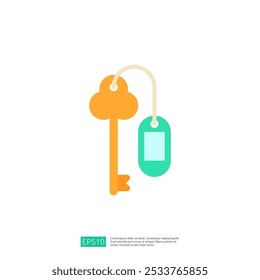 This image features a stylized key with an attached tag, representing concepts of access, security, or identification. It uses a simple, colorful design.