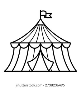 This image features a stylized line drawing of a classic circus tent with draped fabric panels and a flag flying at the peak evoking a nostalgic and whimsical atmosphere perfect for artistic compositions or thematic designs