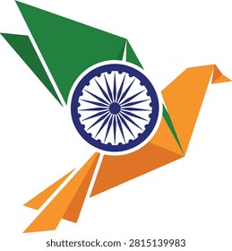 This image features a stylized origami bird and ashoka chakra wheel, presented as a colorful vector illustration with a clean white background.