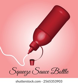 This image features a stylized red squeeze sauce bottle set against a soft pink gradient background. The bottle is tilted downwards and the white mayonnaise flows. Vector illustration  ,Eps 10.