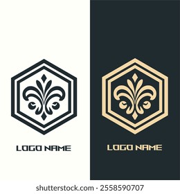 This image features a stylized, symmetrical logo design displayed in two color schemes. On the left, the design uses a black motif with a white background.