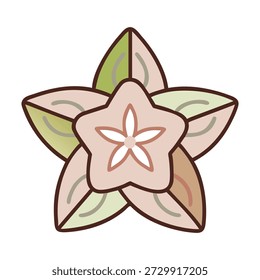 Dieses Bild zeigt ein stilisiertes symmetrisches Blumendesign mit fünf länglichen äußeren Blütenblättern und fünf inneren sternförmigen Blütenblättern. Die äußeren Blütenblätter sind mit erdigen Tönen - Grün, Beige und Braun - gefüllt und mit gekrümmten Linienmustern verziert. Die inneren Blütenblätter sind in einem weichen rosa Farbton gerendert, sodass ein zentrales Sternmotiv mit weißem Akzent entsteht. Die gesamte Komposition ist dunkelbraun umrissen, wodurch ein sauberer, definierter Look entsteht. Die harmonische Farbpalette und geometrische Symmetrie machen diese Illustration ideal für den Einsatz in dekorativer Kunst, Branding, Textildesign, Mandala-Kollektionen oder naturinspirierter Grafik.