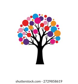 This image features a stylized tree with a distinct black trunk and branches. Its foliage is creatively depicted by numerous circles in a lively palette of colors, including bright red, deep blue, hot pink, sunny orange, and rich purple. The playful and modern design gives the tree an abstract yet cheerful appearance, standing out vibrantly against a plain white background. It evokes feelings of creativity, growth, and diversity.