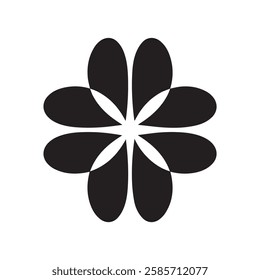 This image features a symmetrical, abstract black shape resembling a flower or a stylized star. It consists of eight petal-like elements that are elongated and rounded, radiating outward from the cent