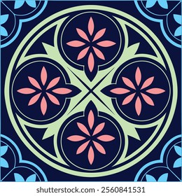 This image features a symmetrical floral pattern composed of four stylized flowers arranged in a circular layout. The color palette includes shades of pink, green, and blue against a deep.
