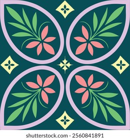 This image features a symmetrical floral pattern with stylized flowers and leaves in a vibrant color palette of pink, green, and navy blue, arranged in an intricate geometric design.