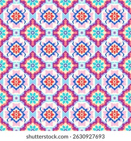 This image features a symmetrical floral and geometric pattern with alternating diamond and circular shapes. The diamonds contain red-petaled flowers surrounded by pink and blue hues.