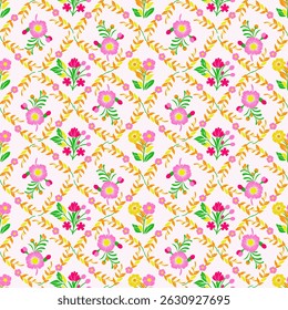 This image features a symmetrical floral and geometric pattern with alternating diamond and circular shapes. The diamonds contain red-petaled flowers surrounded by pink and blue hues.