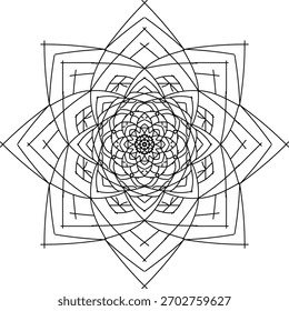 This image features a symmetrical, intricate geometric pattern resembling a flower or mandala. The design is created with sharp and curved lines, forming multiple repeating layers.