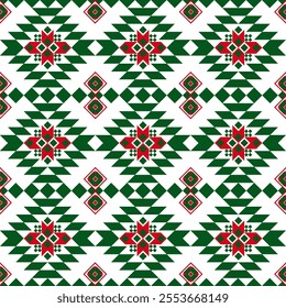 This image features a symmetrical pattern of red and green geometric shapes on a white background, resembling traditional Christmas or winter-themed textile designs.Vector seamless pattern for x’mas