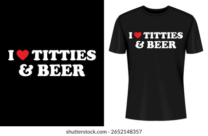 Esta imagem mostra camiseta, camiseta, camisa, roupas, vestuário, maquete, design, modelo. Eu adoro peitos e cerveja T camisa Design maquete em preto
