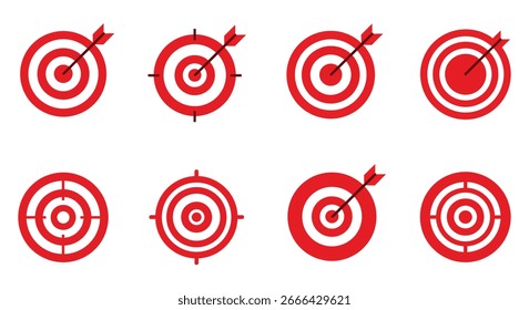 Esta imagem apresenta alvo, dartboard, seta, bullseye, sucesso, realização, objetivo, precisão. Vários alvos vermelhos de dartboard com setas atingindo o alvo isolado no branco