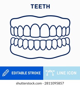 This image features a teeth line icon depicted with a blue stroke on a white background. The icon shows a complete set of upper and lower teeth, representing a full dental arch. It is a vector graphic with an editable