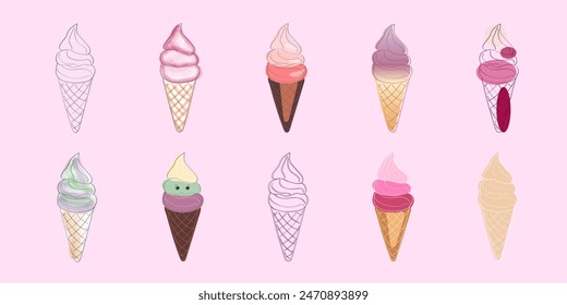 This image features ten colorful ice cream cones arranged on a pink background in three rows. The cones have different flavors, including vanilla, chocolate, strawberry, and mint