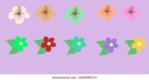 This image features ten colorful flowers arranged in two rows against a light purple background. The top row consists of five flowers with white, brown, green, orange, and pink petals. 