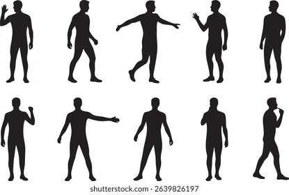 This image features ten male figures in silhouette style, each in a different pose. The black silhouettes stand out against the white background, They are ideal for illustrating various actions.