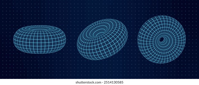 Esta imagem apresenta três toros de malha de wireframe 3D posicionados contra um plano de fundo de grade pontilhado. As formas geométricas abstratas exibem uma estética Y2K retrô com elementos de design futurista e digital