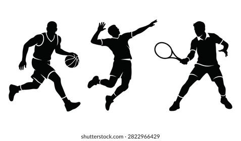 This image features three athletes – a basketball player a volleyball player and a tennis player – depicted as black