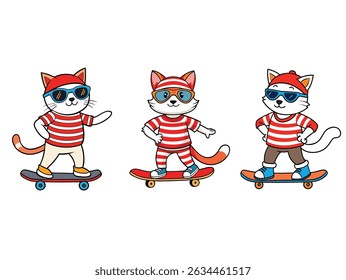 This image features three cartoon-style cats riding skateboards. All of the cats are wearing red-and-white striped shirts, sunglasses, and various accessories like hats and pants. 
