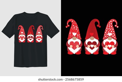 This image features three charming Valentine's Day gnomes, perfect for adding a touch of love and whimsy to any festive decor. Each gnome is holding a heart, symbolizing love, with patterns .