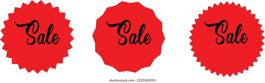 This image features three circular, red labels with the word "Sale" written in a stylized, cursive font. The labels are surrounded by sharp, angular edges, creating a dynamic  attention. 