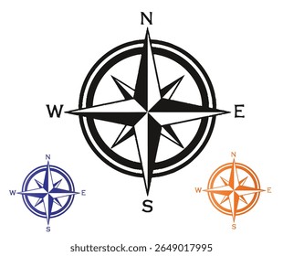 This image features three compass rose variations in black, blue, and orange, each with North, South, East, and West markings.