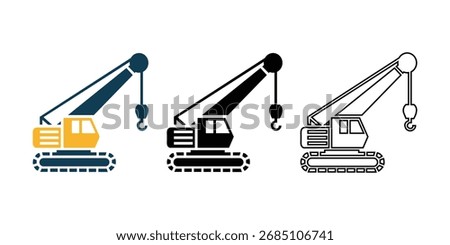 This image features three crane icons with different styles showing solid fill in color and black plus an outline version over a white background.