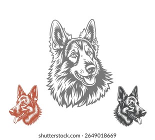 This image features three detailed illustrations of German Shepherd dog heads, each in a different style and color scheme.