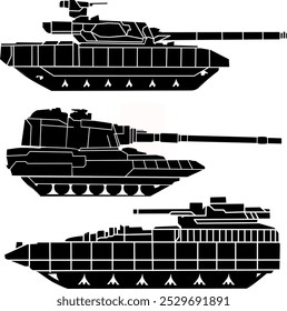 This image features three distinct tank silhouettes, each showcasing unique designs and turret configurations, emphasizing their military capabilities and heavy armor.