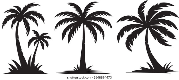 This image features three distinct silhouette palm trees against a plain white background.