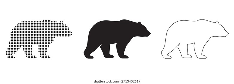 Esta Imagen presenta tres representaciones estilísticas distintas de un oso de perfil, caminando. De izquierda a derecha, el primer oso se representa utilizando una serie de puntos Pequeños y oscuros, creando un pixelado 